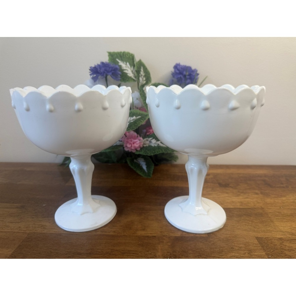 Vintage‎ Milk Glass Pedestal Compotes – Scalloped Drip Edge Design Wedding Decor